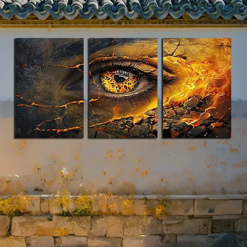 3pcs Vibrant Eye with Fire Illustration Metal Print Ready to Hang Art - Bella Home Decor