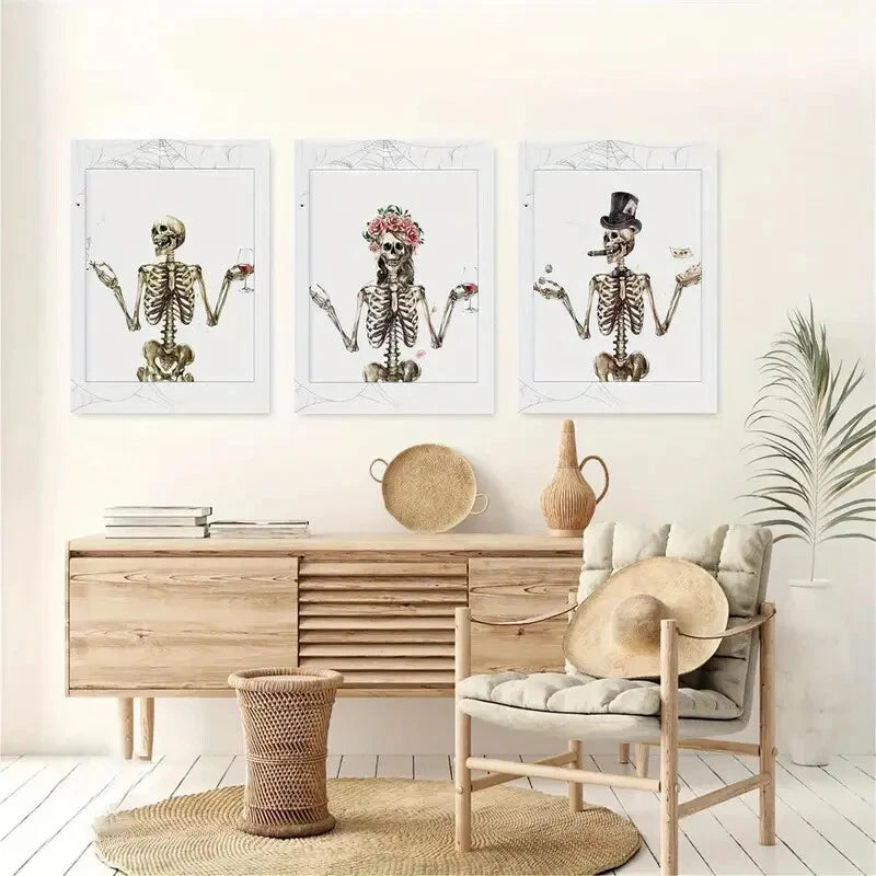 3pcs Spooky Season Halloween Skeleton Watercolor Metal Print Ready to Hang Art - Bella Home Decor