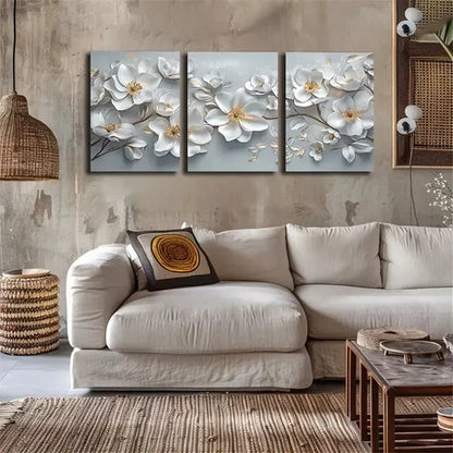 3pcs Beautiful Blooming White Flowers Wall Art Set Canvas Unframed - High Quality Print 100% Australian Made Wall Canvas - Bella Home Decor