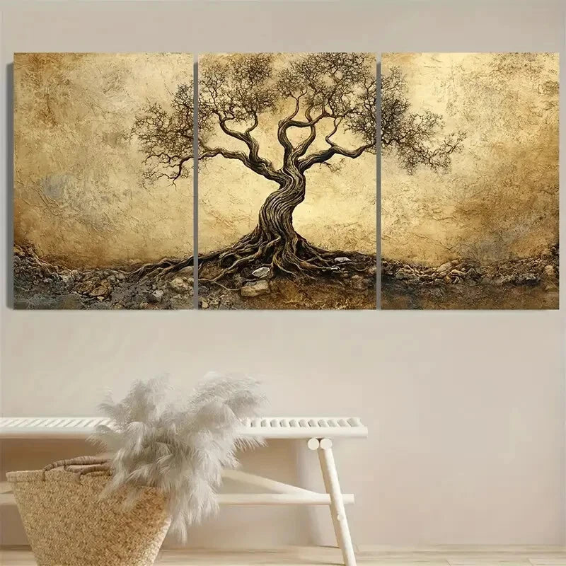 3pcs Intricate Tree with Roots, Wabi Sabi work Metal Print Ready to Hang Art - Bella Home Decor