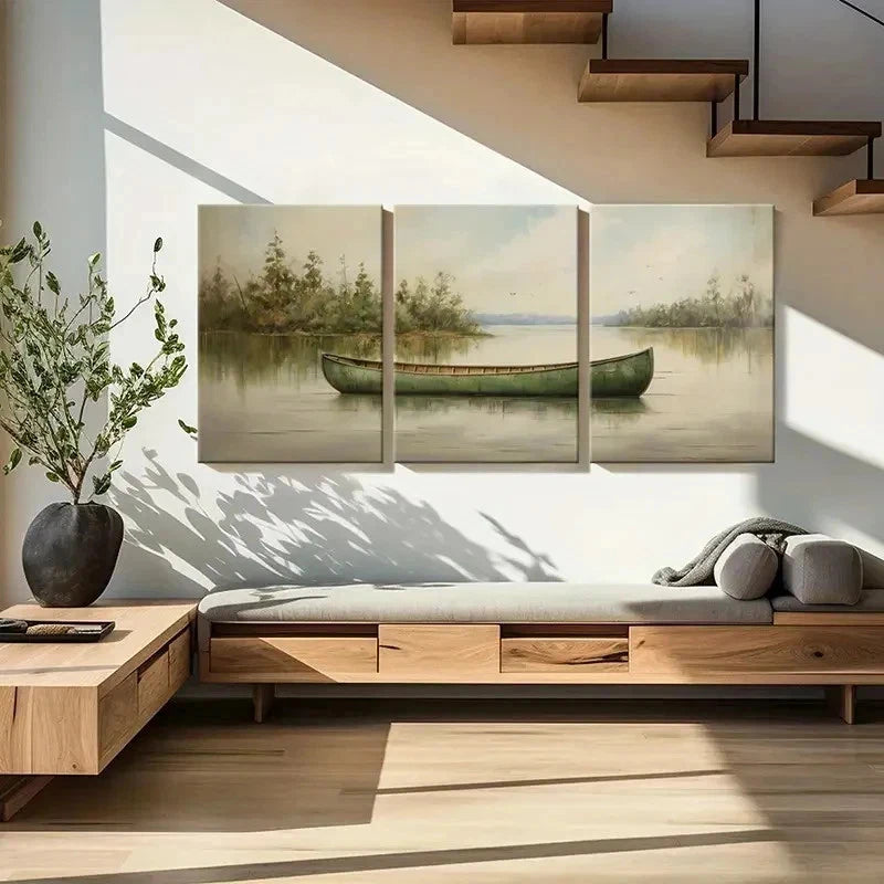 3pcs Solitary Canoe Serene Lake & Forest Wall Art Set Canvas Framed 40x60cm - High Quality Print 100% Australian Made Wall Canvas Ready to Hang