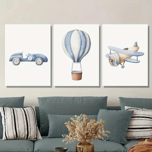 3pcs Cartoon Vehicles, Cars, Hot Air Balloons Wall Art Canvas Unframed - High Quality Print 100% Australian Made Wall Canvas - Bella Home Decor