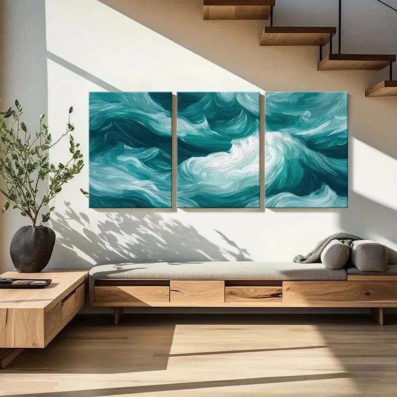 3pcs Abstract Ocean Waves Art Turquoise White Metal Print Ready to Hang Art - Bella Home Decor