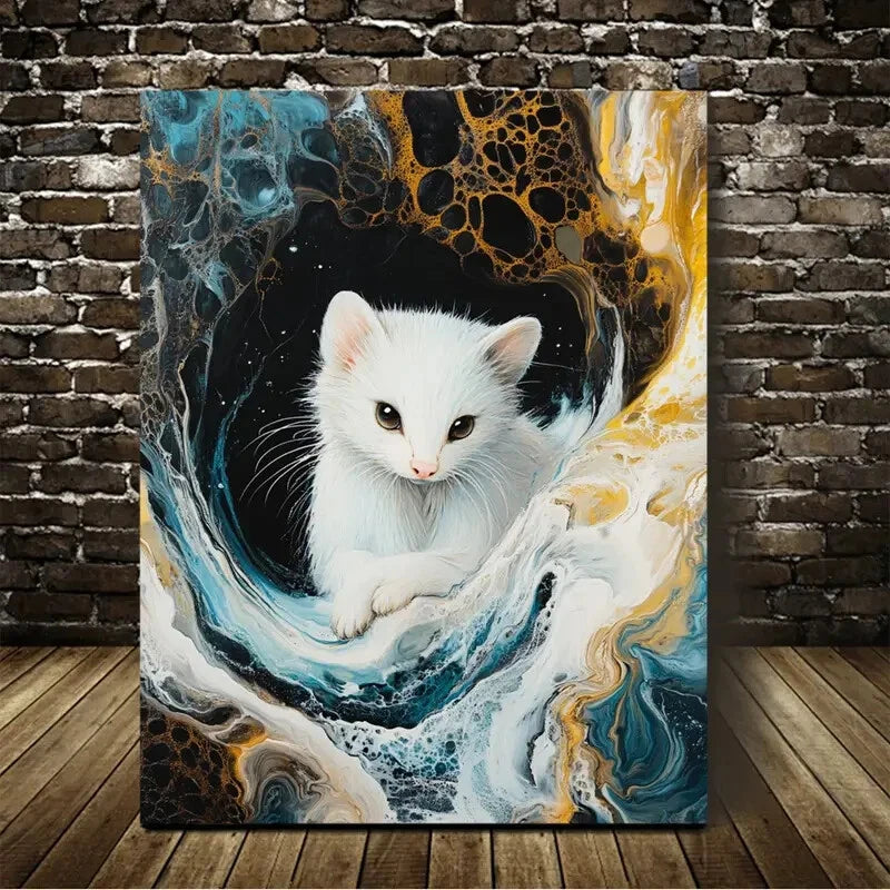 Beautiful Elegant White Kitten Abstract Painting 40x60cm Metal Print Ready to Hang - Bella Home Decor