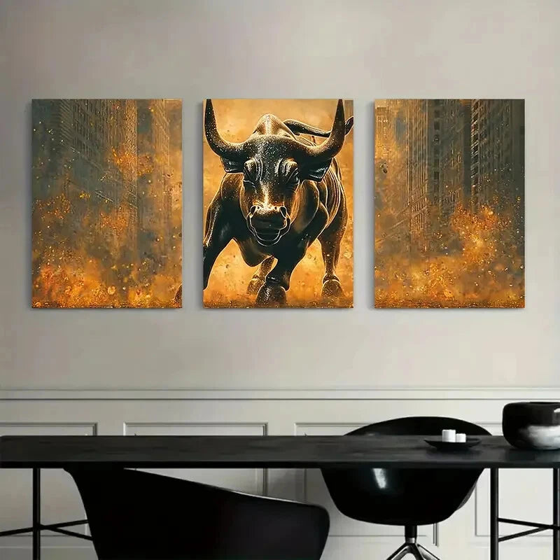 3pcs Majestic Bull Charging Golden Glowing Metal Print Ready to Hang Art - Bella Home Decor