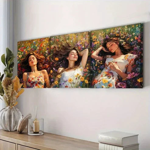 3pcs A Woman Surrounded By Vibrant Flowers Wall Art Set Canvas Unframed - High Quality Print 100% Australian Made Wall Canvas - Bella Home Decor