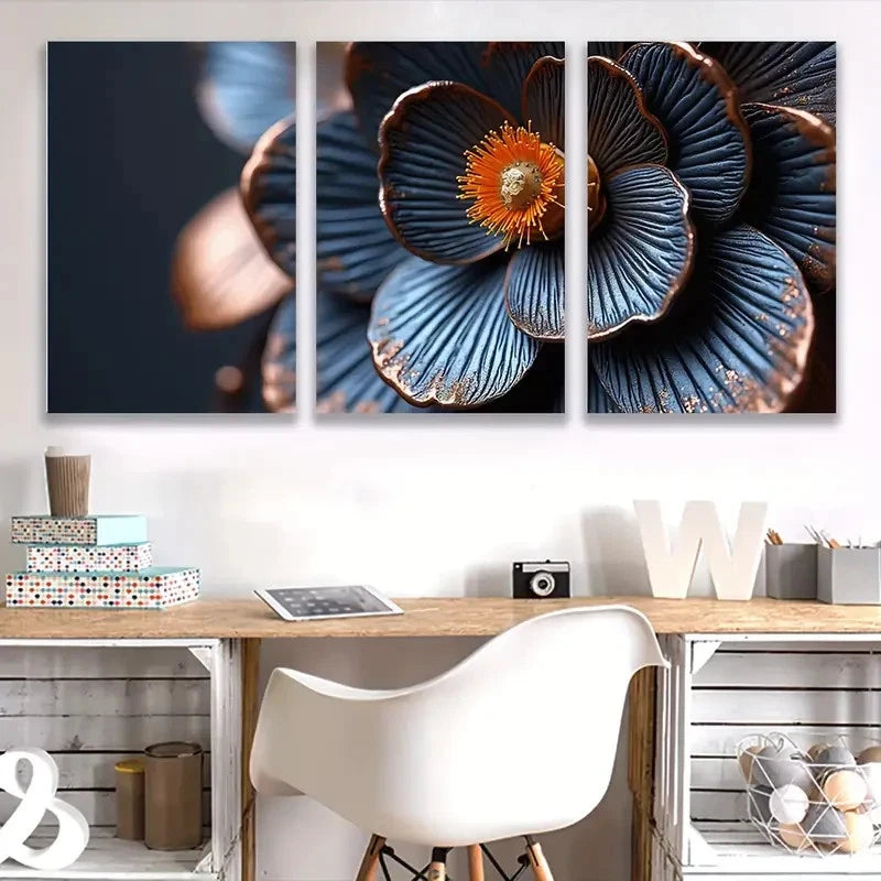 3pcs Metallic Blue Flower With Orange Center  Wal1l Art Set Canvas Framed 40x60cm - High Quality Print 100% Australian Made Wall Canvas Ready to Hang