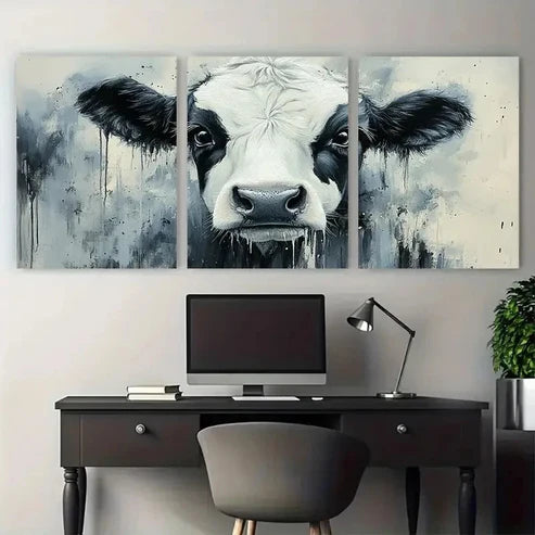 3pcs Black and White Cow Watercolor Design Wall Art Set Canvas Unframed - High Quality Print 100% Australian Made Wall Canvas - Bella Home Decor