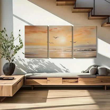 3pcs Sunset Scene & Seagulls Flying Over Ocean Wall Art Set Canvas Framed 40x60cm - High Quality Print 100% Australian Made Wall Canvas Ready to Hang