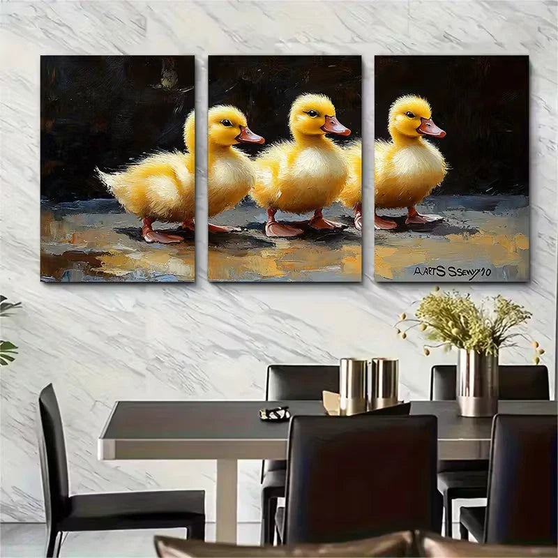 3pcs Yellow Ducklings Painting Farm Animals Metal Print Ready to Hang Art