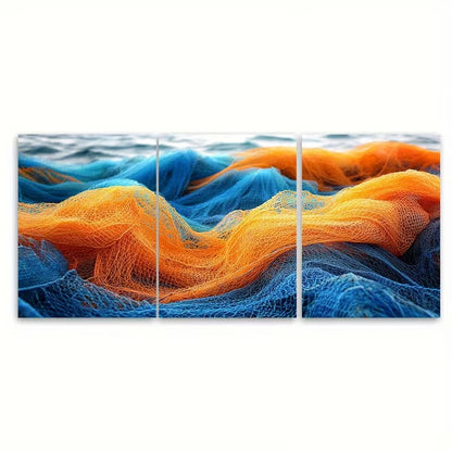 3pcs Fishing Nets Blue Orange Metal Print Ready to Hang Art