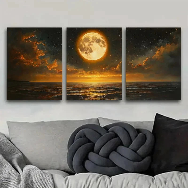 3pcs Stunning Moonlight Ocean Night Sky and Sea Metal Print Ready to Hang Art