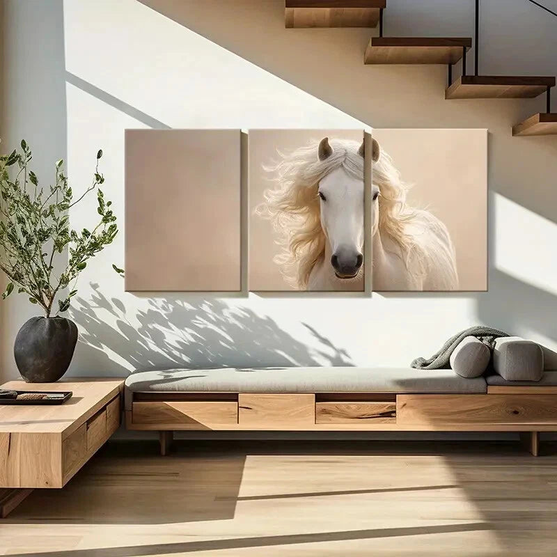 3pcs Elegant White Horse Art Luxurious Metal Print Ready to Hang Art - Bella Home Decor