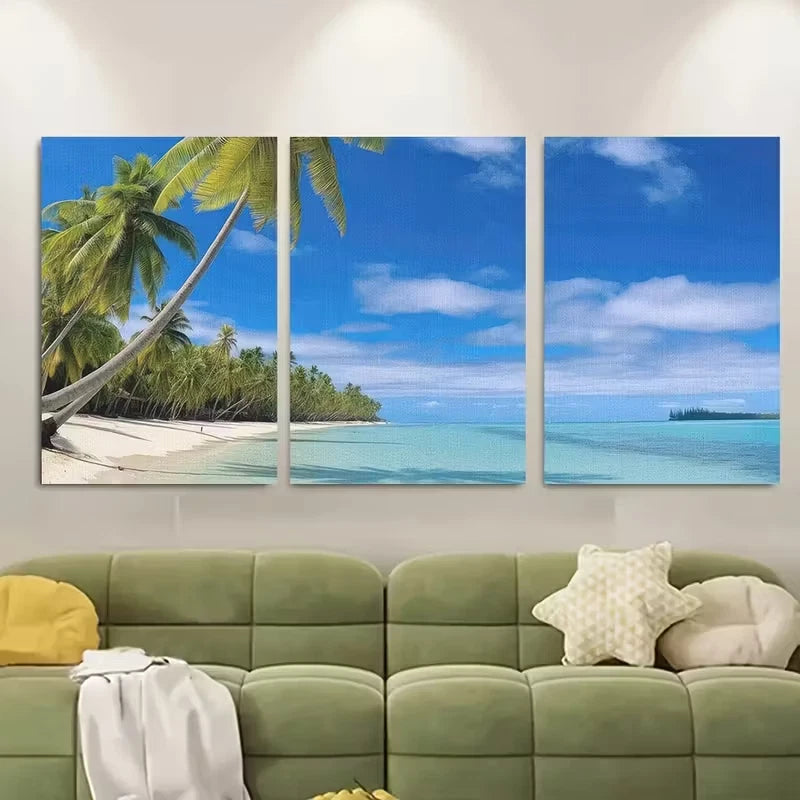 3pcs Palm Trees & Blue Water Scenery Metal Print Ready to Hang Art