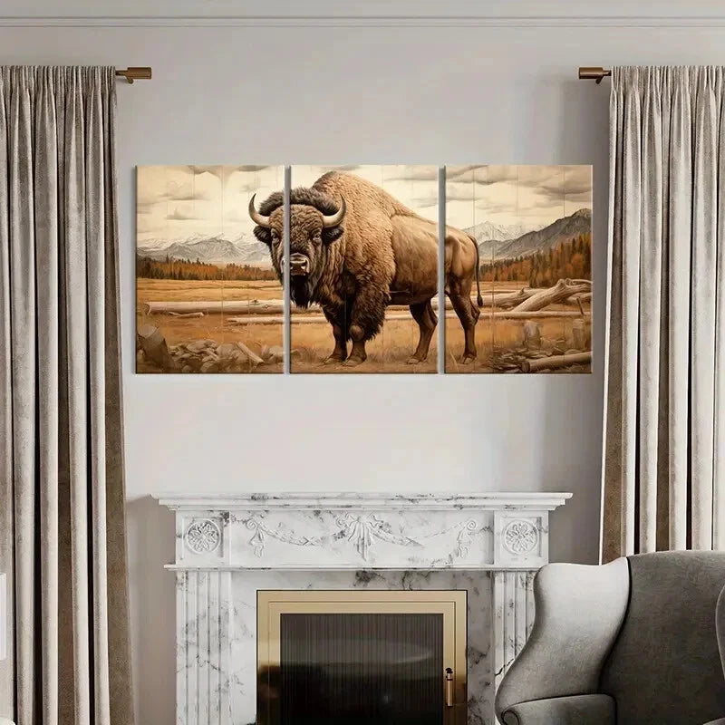 3pcs Bison Landscape Art Mountain Wildlife Scene Metal Print Ready to Hang Art - Bella Home Decor