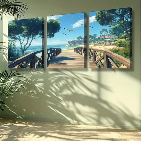 3pcs Beach Scene with Wooden Bridge Palm Trees Wall Art Set Canvas Unframed - High Quality Print 100% Australian Made Wall Canvas - Bella Home Decor