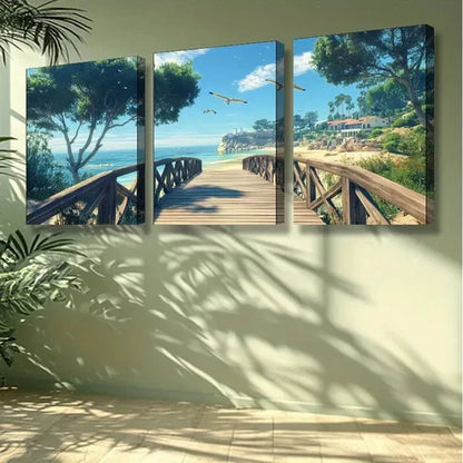3pcs Beach Scene with Wooden Bridge Palm Trees Wall Art Set Canvas Unframed - High Quality Print 100% Australian Made Wall Canvas - Bella Home Decor