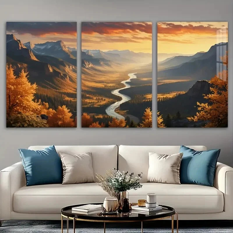 3pcs Stunning Mountain Peaks Forest River Sunset Metal Print Ready to Hang Art - Bella Home Decor