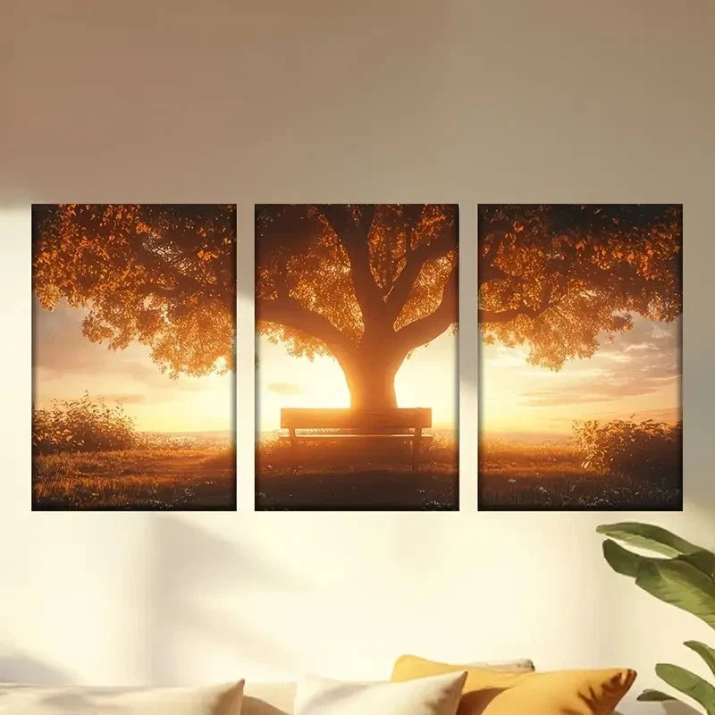 3pcs  Bench Under a Tree in a Field  Wall Art Set Canvas Framed 40x60cm - High Quality Print 100% Australian Made Wall Canvas Ready to Hang - Bella Home Decor