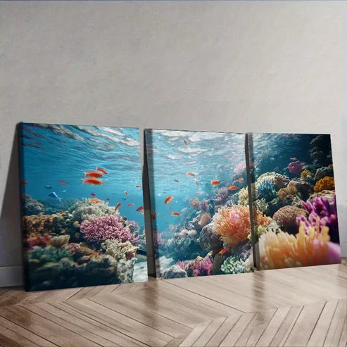3 PCS Vibrant Coral Reef & Fish Design Nature Wall Art Set Canvas Unframed - High Quality Print 100% Australian Made Wall Canvas