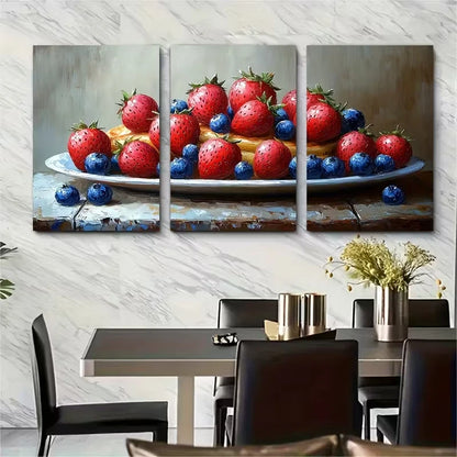 3pcs Pancakes Oil Painting Strawberry Impasto Metal Print Ready to Hang Art