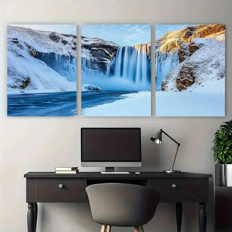 3pcs Skogafoss Icelandic Waterfall Winter Scene Metal Print Ready to Hang Art - Bella Home Decor