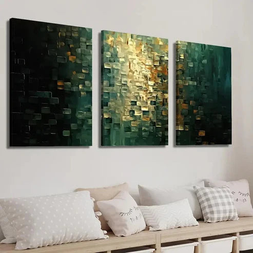 3pcs Vintage Golden And Dark Teal Geometric Wall Art Set Canvas Unframed - High Quality Print 100% Australian Made Wall Canvas