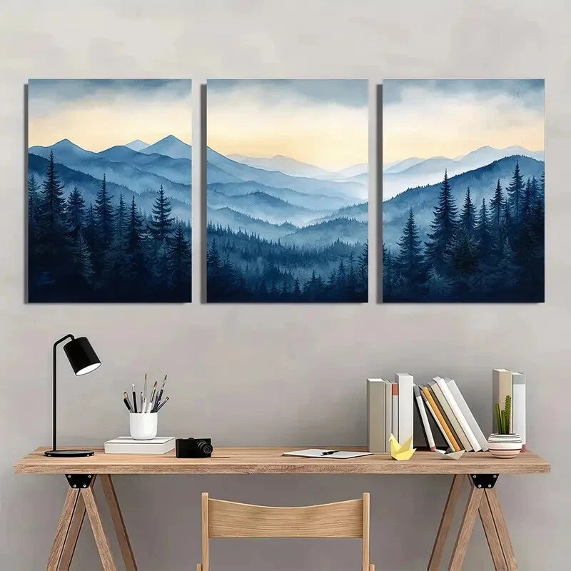3pcs Painting Smoky Mountains Landscape Metal Print Ready to Hang Art - Bella Home Decor