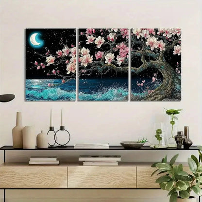 3pcs Moonlit Landscape With a Tree Painting Metal Print Ready to Hang Art - Bella Home Decor