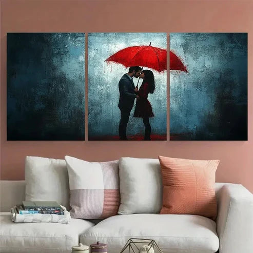 3pcs Romantic Couple Kissing Under Red Umbrella Wall Art Canvas Unframed – High Quality Print 100% Australian Made Wall Canvas