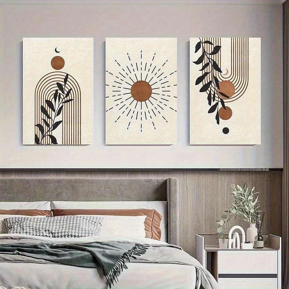 3pcs Abstract Geometric Moon and Leaf Design Metal Print Ready to Hang Art - Bella Home Decor