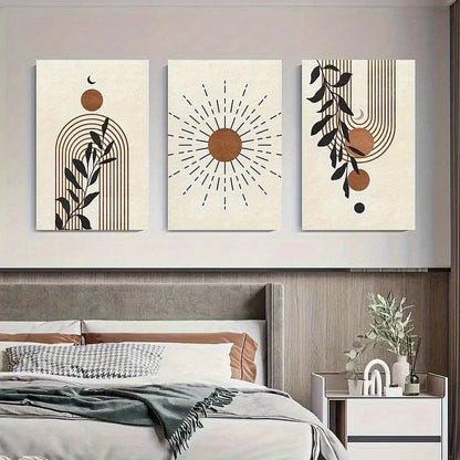 3pcs Abstract Geometric Moon and Leaf Design Metal Print Ready to Hang Art - Bella Home Decor