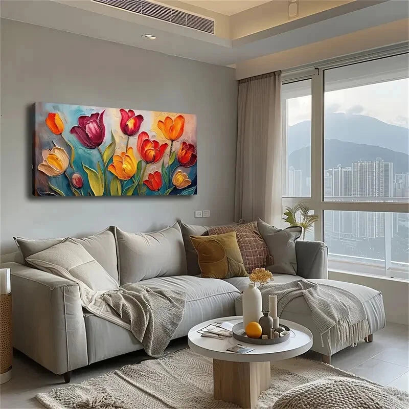 Vibrant Blooming Tulips Leaves Wall Art Canvas Office Home Room Framed 120x60cm - Bella Home Decor