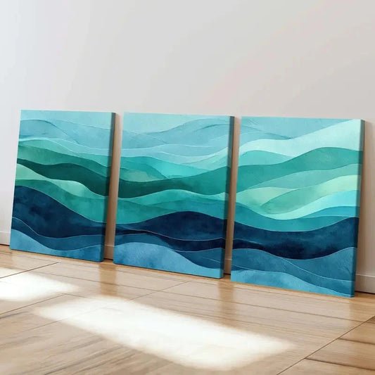 3pcs Abstract Wave Art Teal Decor AWT Wall Art Set Canvas Framed 50x70cm - High Quality Print 100% Australian Made Wall Canvas Ready to Hang