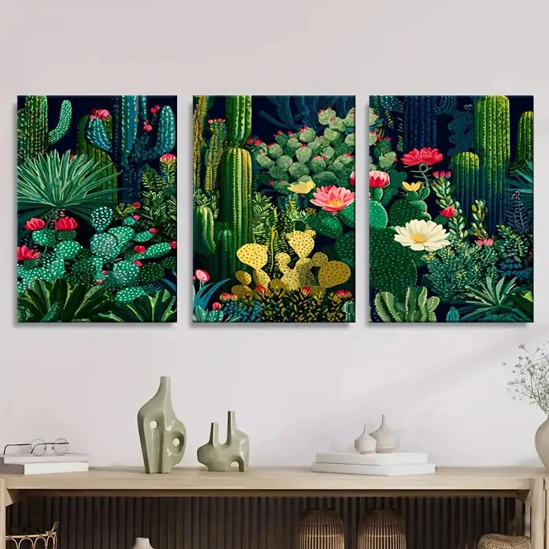 3pcs Navy Cactus Wall Art Set Canvas Framed 60x90cm - High Quality Print 100% Australian Made Wall Canvas Ready to Hang