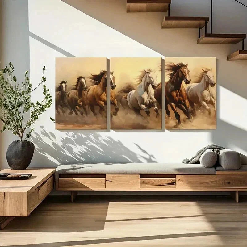 3pcs Horses Running Desert Animal Artistic Wall Art Set Canvas Framed 50x70cm - High Quality Print 100% Australian Made Wall Canvas Ready to Hang - Bella Home Decor