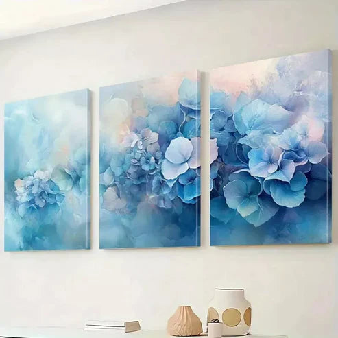 3pcs Blue Hydrangeas Summer Flowers Painting Canvas Unframed - High Quality Print 100% Australian Made Wall Canvas - Bella Home Decor