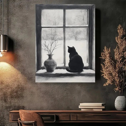Beautiful Cozy Winter Scene with Cat & Vase by Window 40x60cm Metal Print Ready to Hang - Bella Home Decor