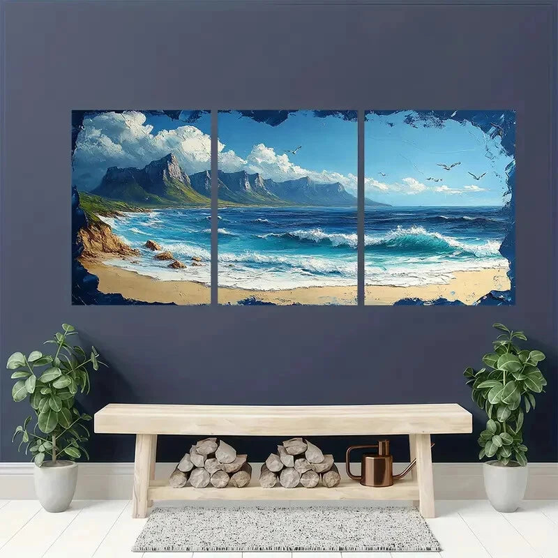 3pcs Cape Town Seascape Art Mountain & Beach Set Metal Print Ready to Hang Art - Bella Home Decor