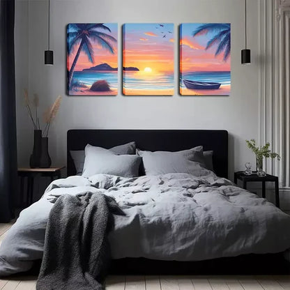 3pcs Sunset, A Boat On The Beach Wall Art Set Wall Art Canvas Unframed - High Quality Print 100% Australian Made Wall Canvas