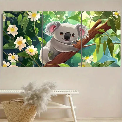3pcs Cute Koala Bear in Tree with Flowers Wall Art Set Canvas Unframed - High Quality Print 100% Australian Made Wall Canvas - Bella Home Decor