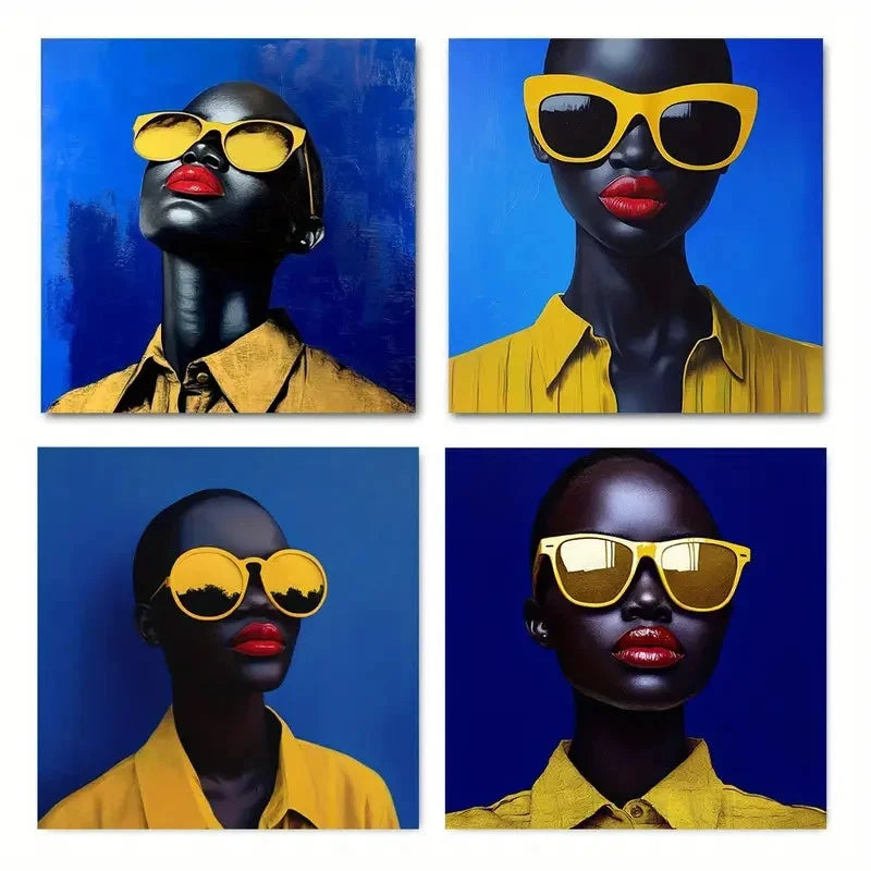 4pcs Yellow Fashion GlassesWall Art Canvas Framed