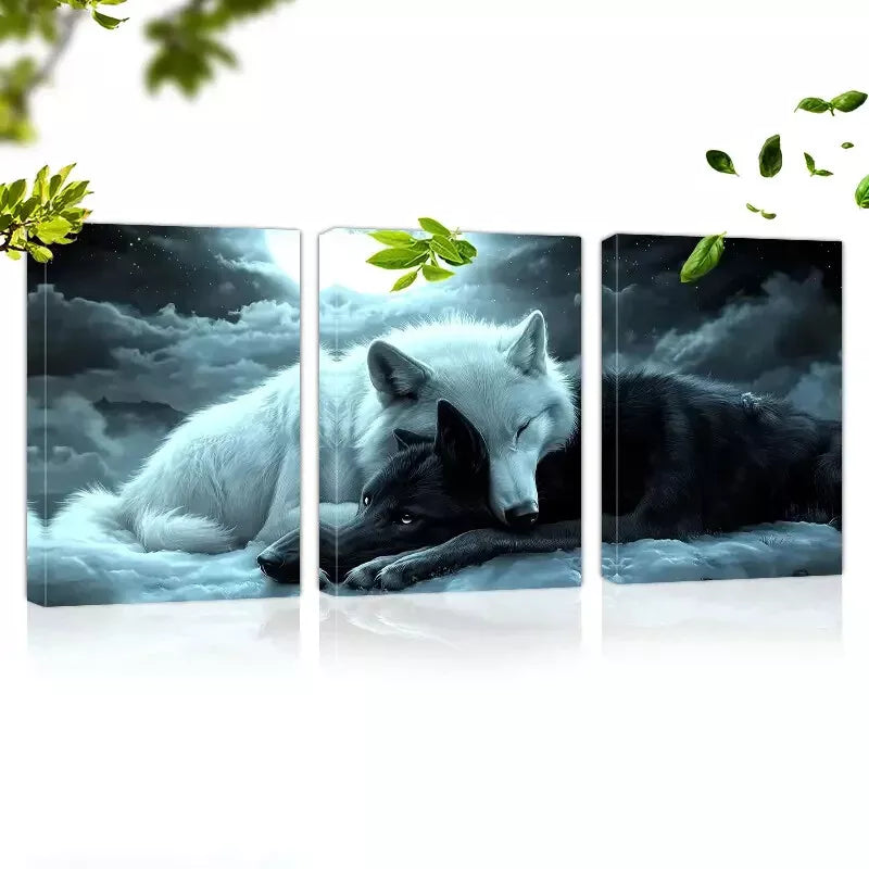 3pcs Stunning Black and White Wolf Moon Design Art Set Canvas Framed 50x70cm - High Quality Print 100% Australian Made Wall Canvas Ready to Hang