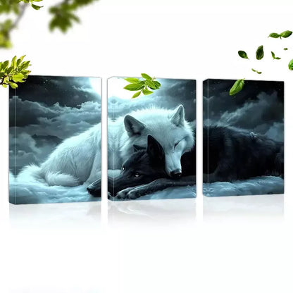 3pcs Stunning Black and White Wolf Moon Design Art Set Canvas Framed 50x70cm - High Quality Print 100% Australian Made Wall Canvas Ready to Hang