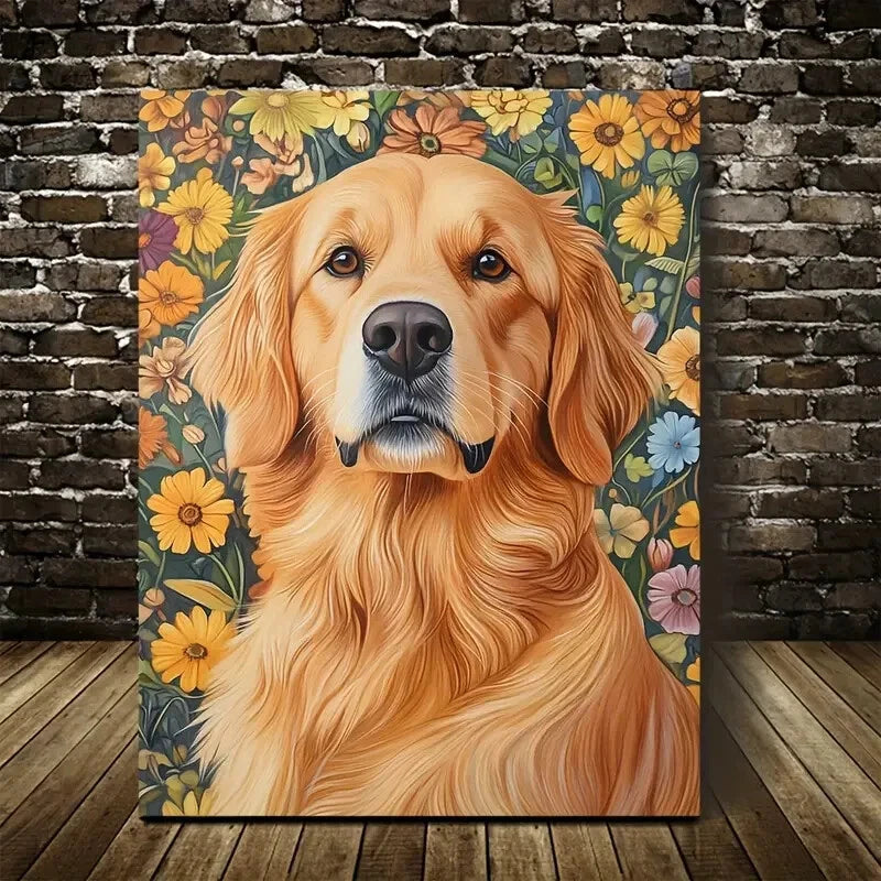 Golden Retriever Vibrant with Floral Painting 40x60cm Metal Print Ready to Hang