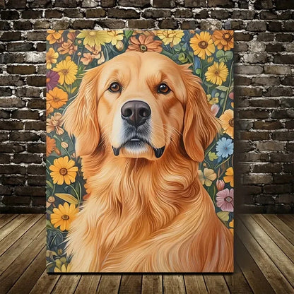 Golden Retriever Vibrant with Floral Painting 40x60cm Metal Print Ready to Hang