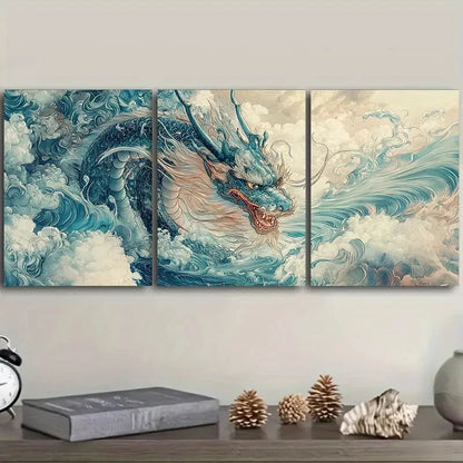 3pcs Asian dragon Wall Art Set Canvas Framed 60x90cm - High Quality Print 100% Australian Made Wall Canvas Ready to Hang - Bella Home Decor