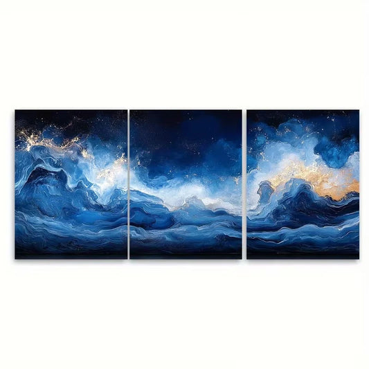 3pcs Modern Abstract Blue Grey Metal Print Ready to Hang Art