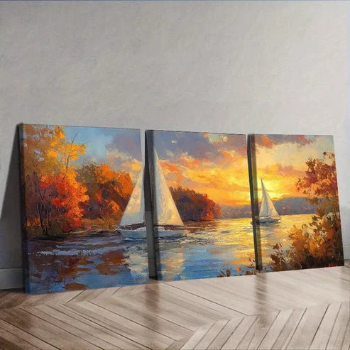 3pcs Serene Sailboat Sunset Scene Water Wall Art Set Canvas Unframed - High Quality Print 100% Australian Made Wall Canvas