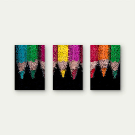 3pcs Vibrant Colour Pencils With Water Bubbles Wall Art Set Canvas Framed 40x60cm - High Quality Print 100% Australian Made Wall Canvas Ready to Hang